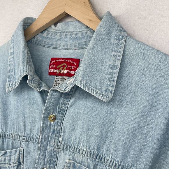 MARLBORO COUNTRY STORE Shirt Mens L Denim Button Up Cowboy Vintage Cotton Blue - Picture 6 of 12